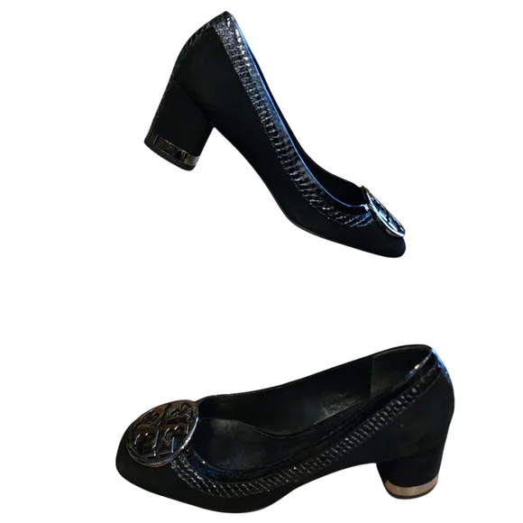 Tory Burch Women's Black Suede Heels Crocodile Embossed Trim Silver Sz 6.5 EUC - Picture 5 of 9